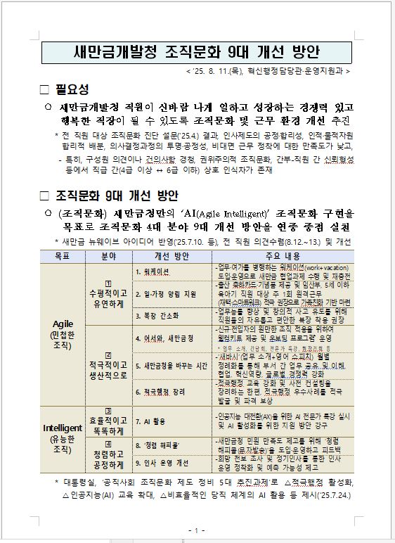 전직원 의견 수렴으로 새만금개발청 조직문화 9대 개선방안 선정 관련사진2