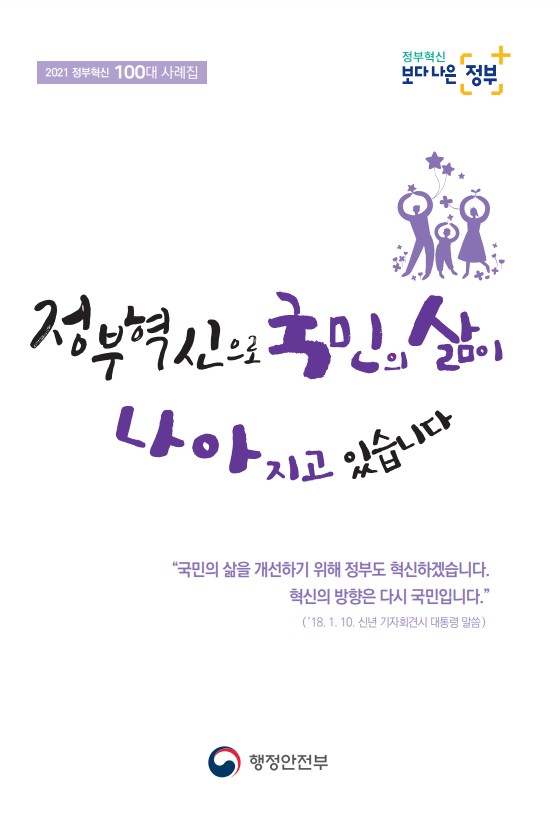 정부는 국민의 삶을 개선하기 위해 혁신을 추진하고 있으며, 그 방향은 국민을 중심으로 설정됨. 2021년에는 정부혁신 100대 사례를 통해 보다 나은 정부를 목표로 하고 있음. 대통령은 신년 기자회견에서 혁신의 필요성을 강조하며, 국민의 목소리를 반영한 정책을 통해 삶의 질 향상을 도모하고자 하는 의지를 표명함.